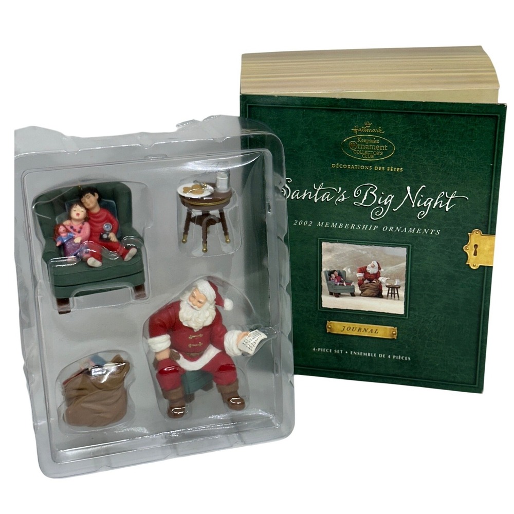 VTG Hallmark Santa's Big Night Ornament Set Green 2002 Membership Journal 4pc